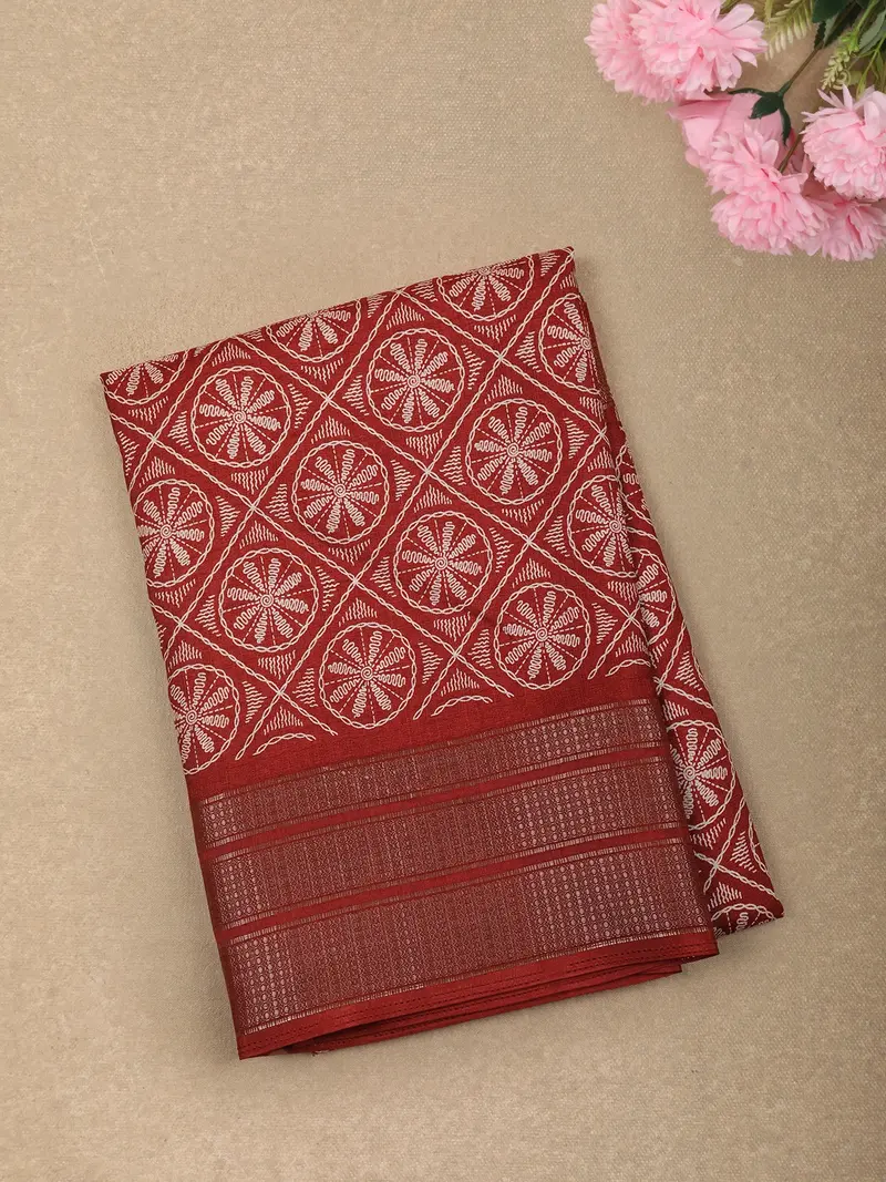 Rich Brick Red Geometric Printed Design Mixed Cotton Saree With Zari Border 1