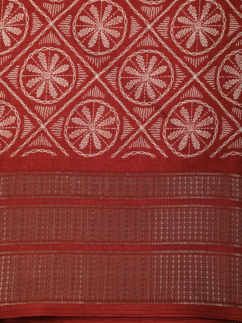 Rich Brick Red Geometric Printed Design Mixed Cotton Saree With Zari Border 2