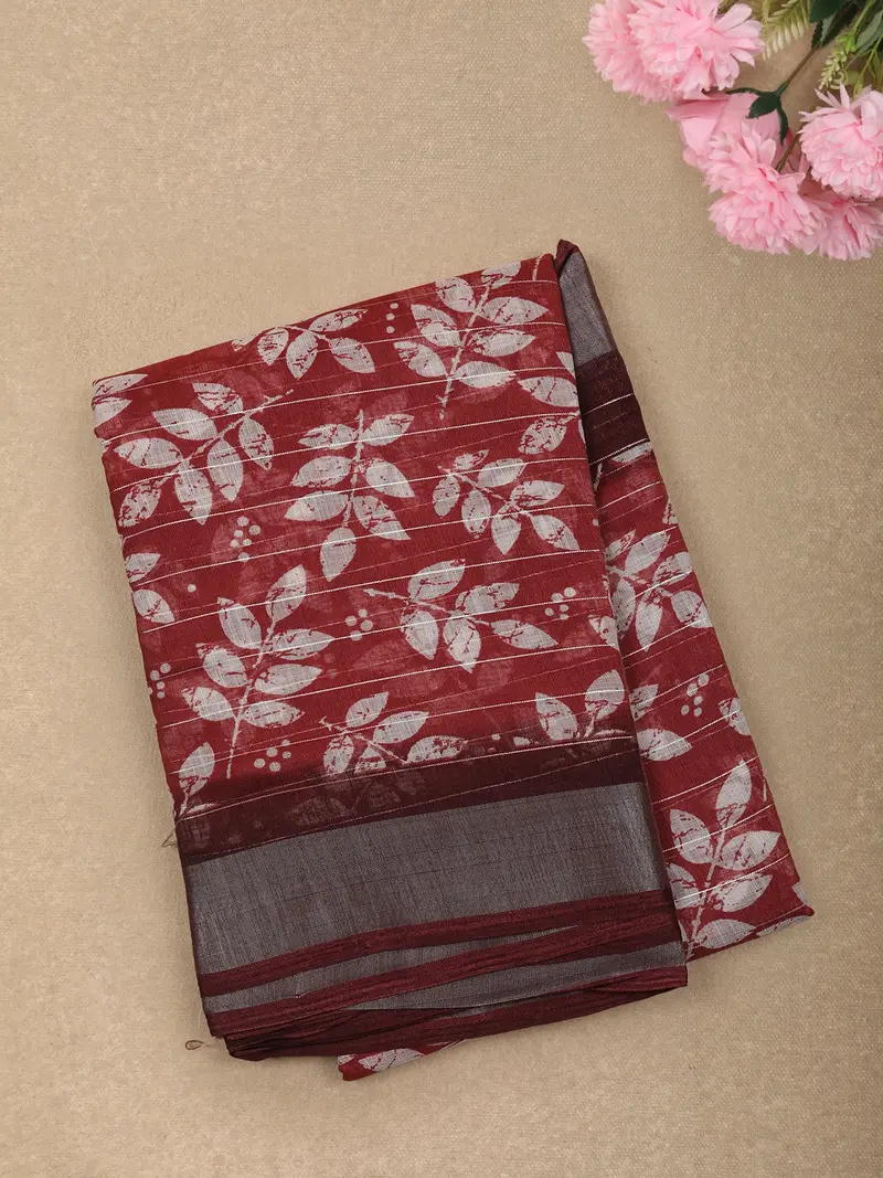Rich Brick Red Leaf Printed Design Linen Cotton Saree With Contrast Border 1