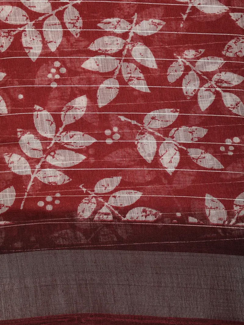 Rich Brick Red Leaf Printed Design Linen Cotton Saree With Contrast Border 2