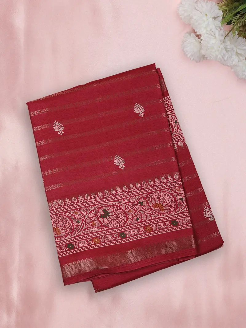 Rich Brick Red Traditional Butta Motif Design Mixed Cotton Saree 1