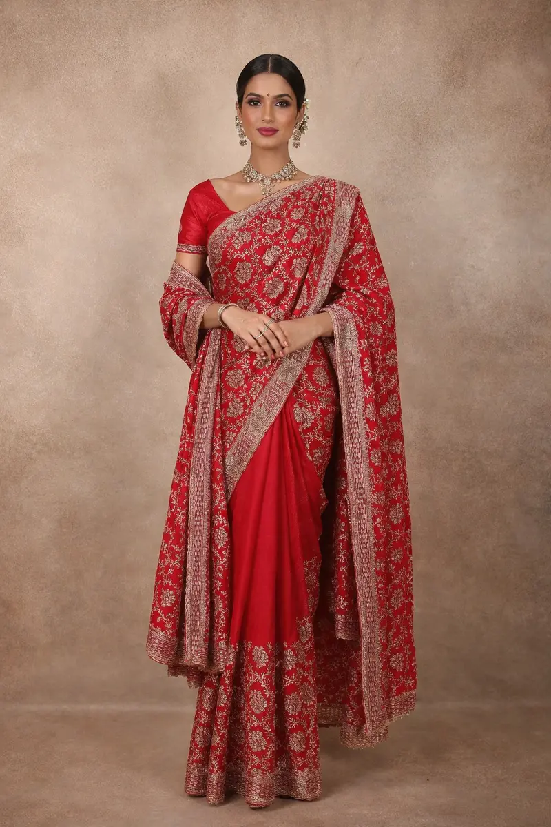 Rich Bridal Red Floral Zari Embroidered Design Georgette Saree With Grand Dupatta 1