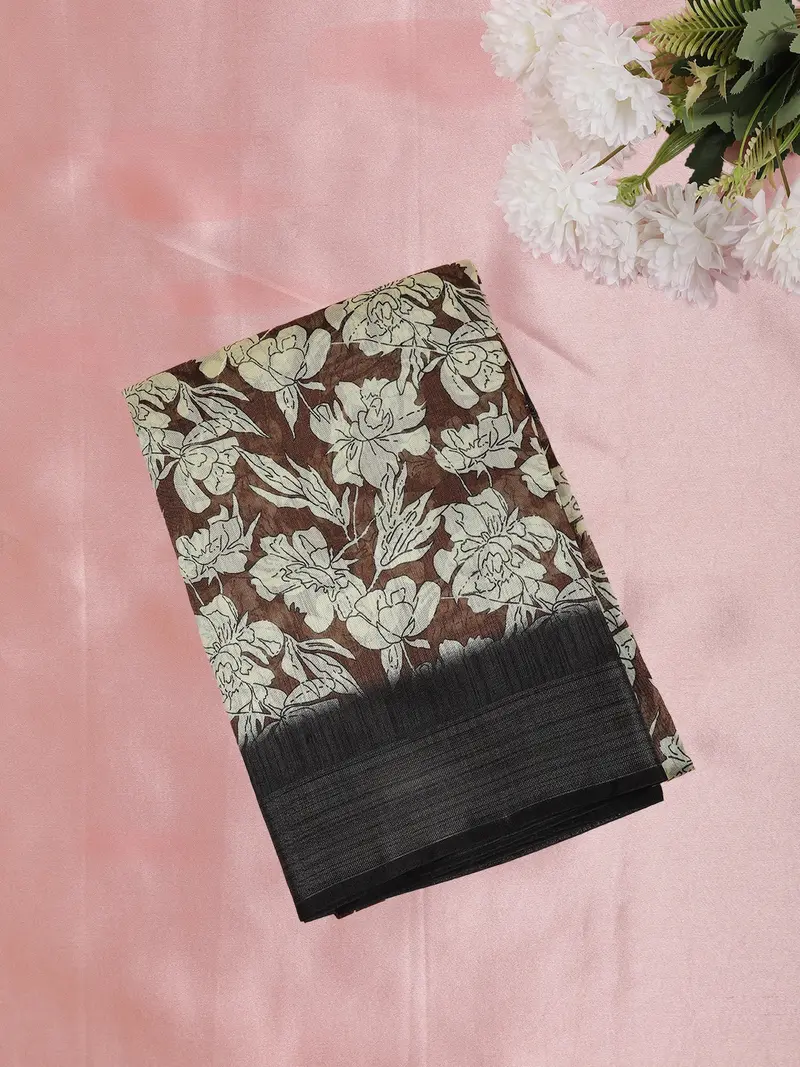 Rich Brown Floral Printed Design Linen Cotton Saree With Contrast Border 1