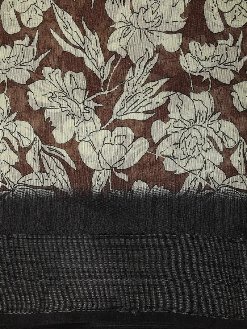 Rich Brown Floral Printed Design Linen Cotton Saree With Contrast Border 2