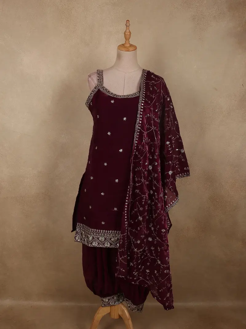 Rich Burgundy Floral Sequins And Beads Embroidered Design Satin Salwar Suit With Dupatta 1