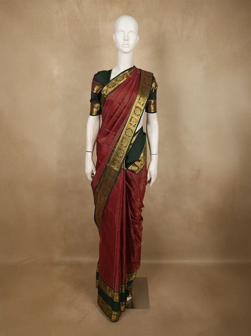 Rich Burgundy Mini Checked And Butta Zari Woven Design Pure Kanchipuram Silk Saree With Contrast  Double Zari Border 1