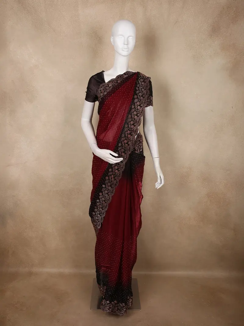 Rich Burgundy Stone Embellished Design Organza Designer Saree 1