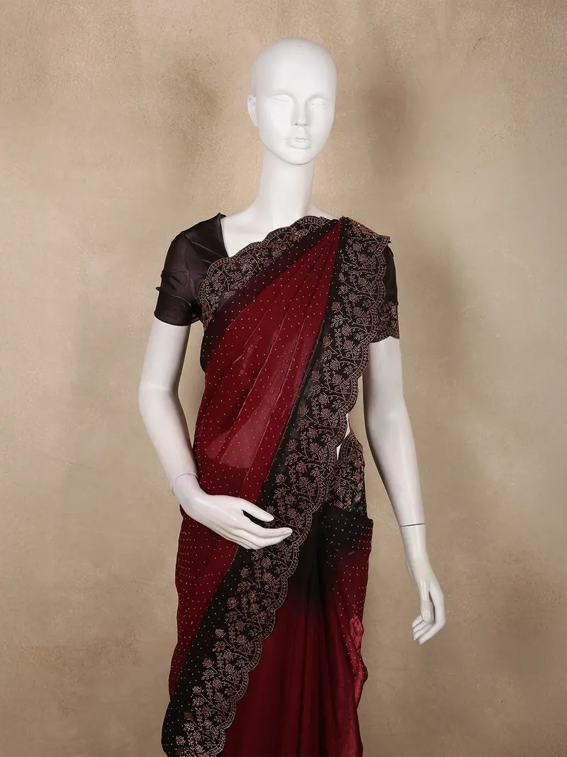 Rich Burgundy Stone Embellished Design Organza Designer Saree 2
