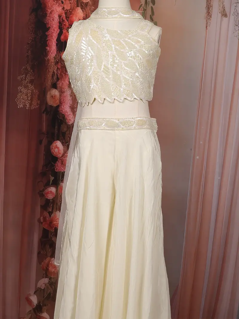 Rich Cream Heavy Sequins And Beads Embroidered Design Crepe Kids Palazzo Suit 2