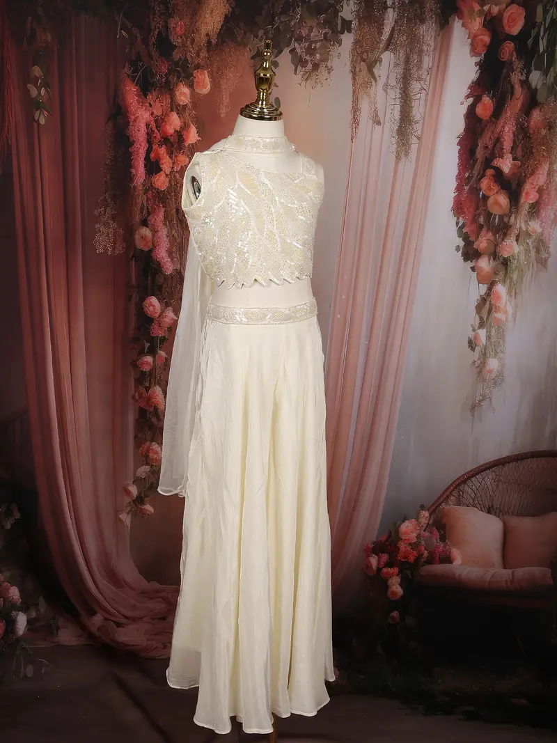 Rich Cream Heavy Sequins And Beads Embroidered Design Crepe Kids Palazzo Suit 3