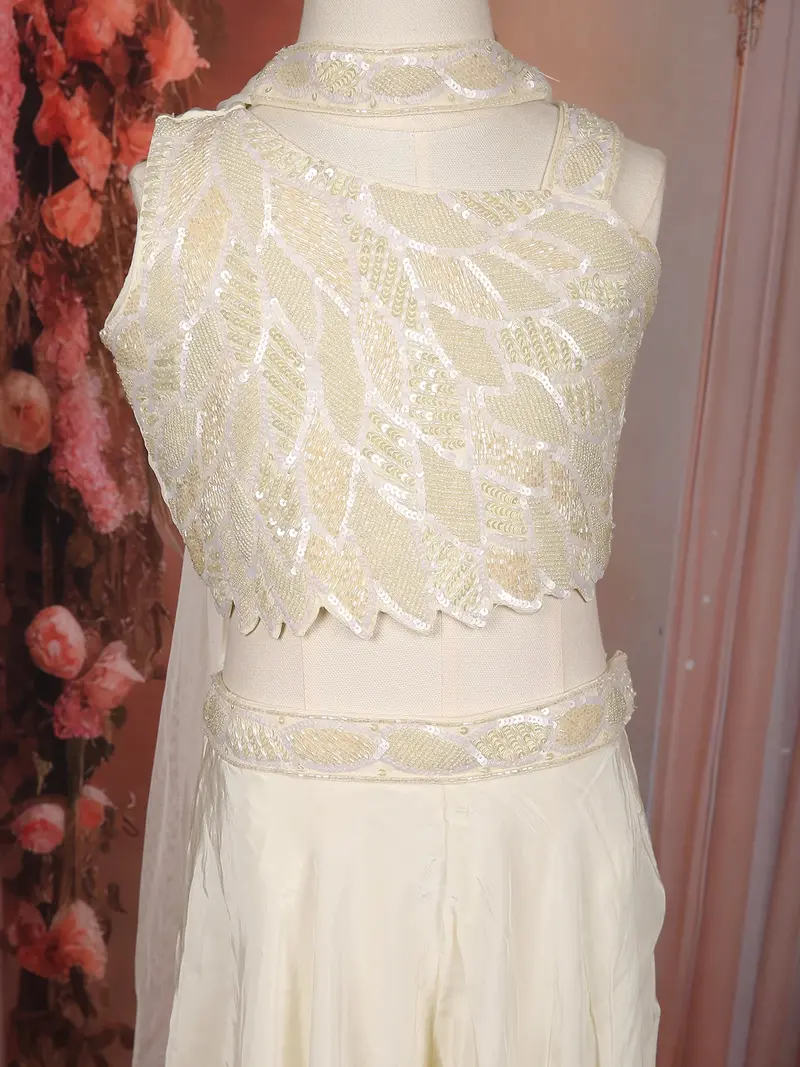 Rich Cream Heavy Sequins And Beads Embroidered Design Crepe Kids Palazzo Suit 5