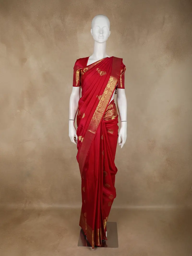 Rich Crimson Red Butta Woven Design Pure Kanchipuram Silk Saree With Zari Border 1