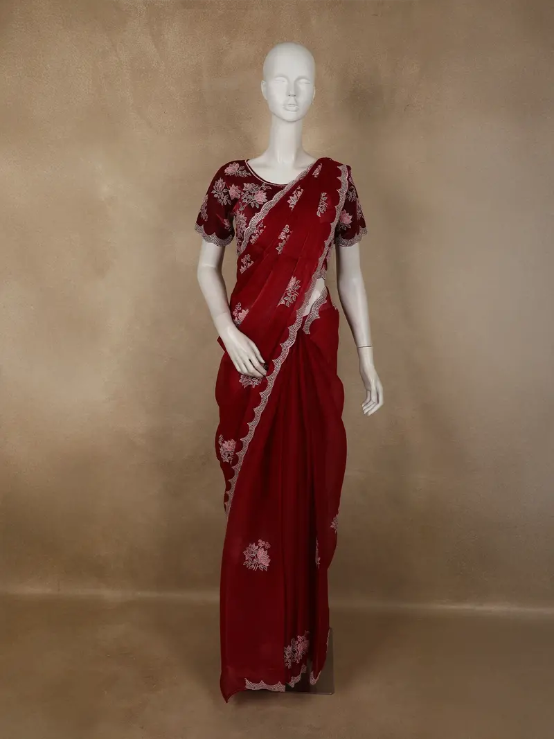 Rich Crimson Red Floral Beads Embroidered Design Organza Designer Saree With Matching Blouse 1