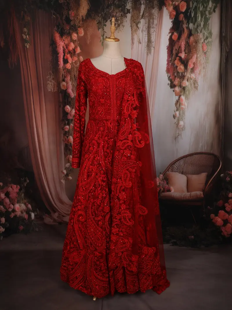 Rich Crimson Red Floral Sequins And Thread Embroidered Design Net Mastani Lehenga With Dupatta 1