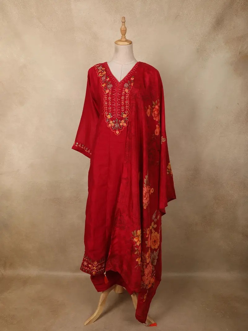 Rich Crimson Red Floral Thread And Sequins Embroidered Design Cotton Anarkali Salwar Suit 1