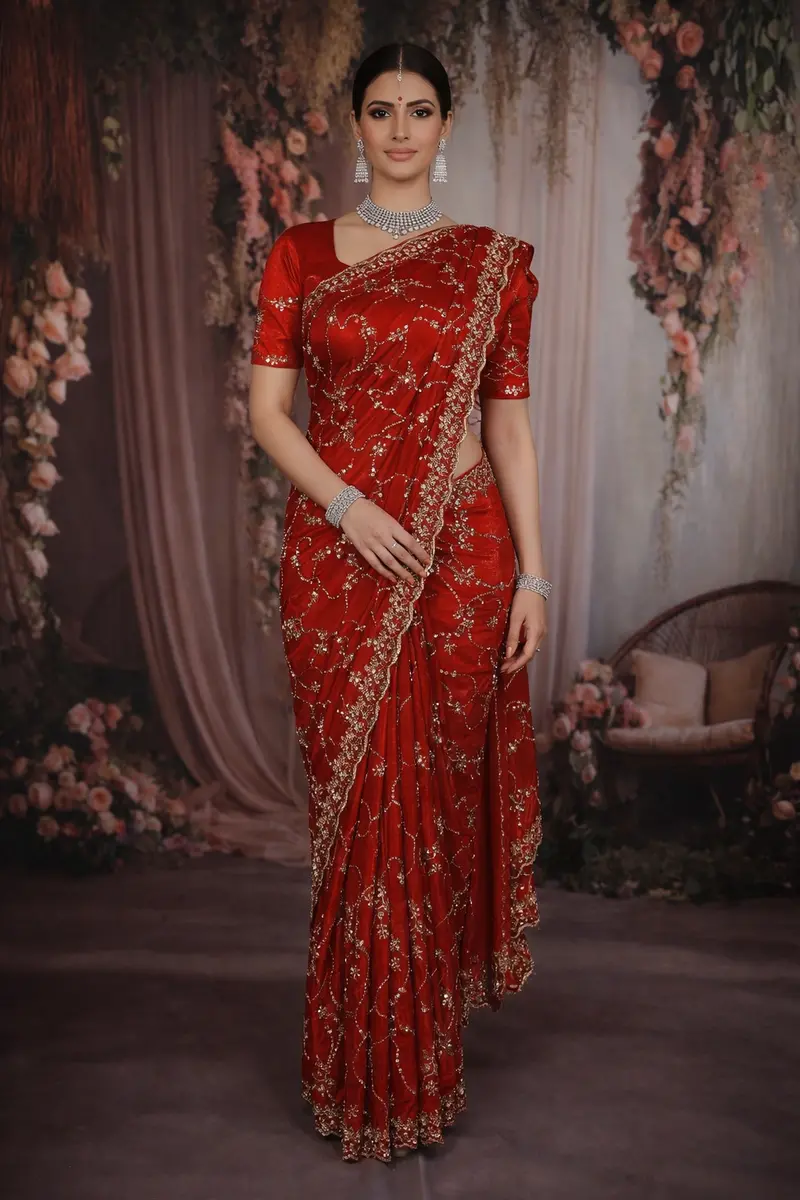 Rich Crimson Red Floral Vine Sequins Embroidered Design Crepe Silk Fancy Saree With Scalloped Border 1