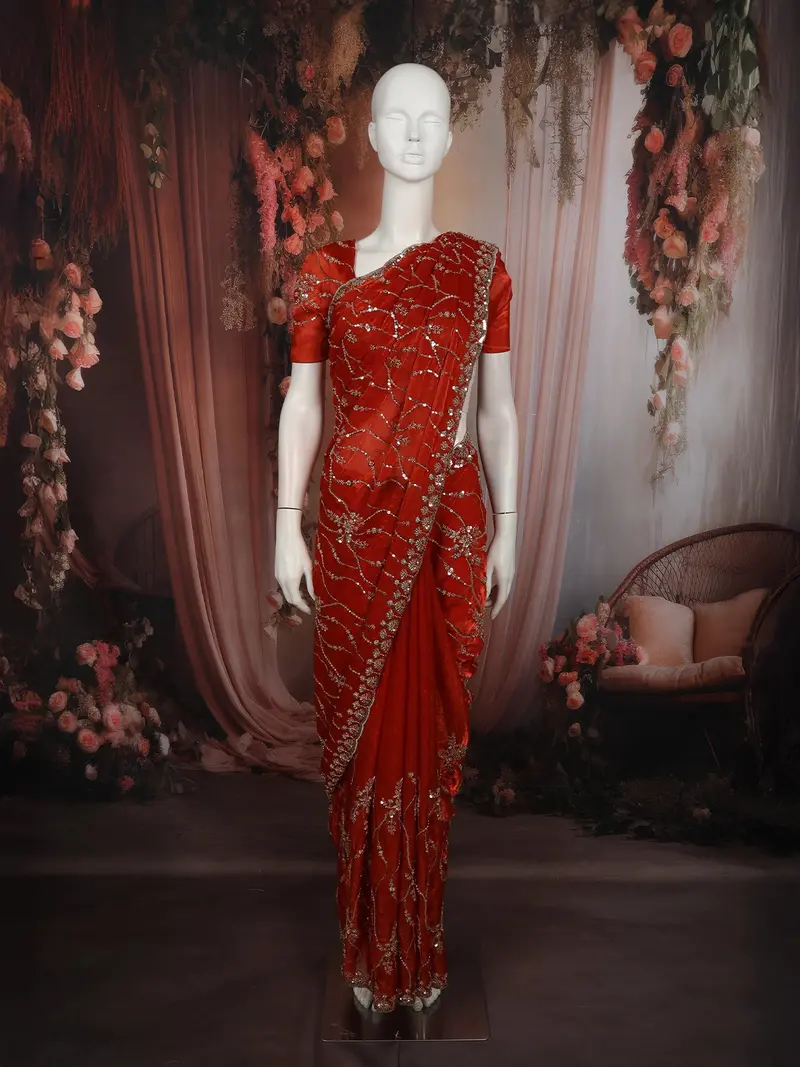 Rich Crimson Red Floral Vine Sequins Embroidered Design Crepe Silk Fancy Saree With Scalloped Border 2