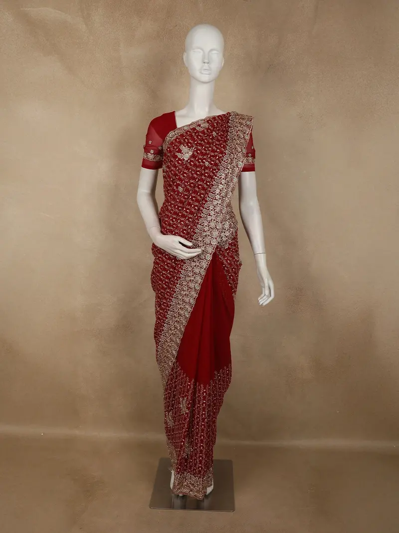 Rich Crimson Red Floral Zari Embroidered Design Georgette Designer Saree 1