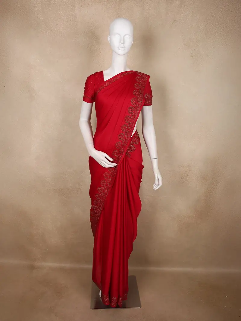 Rich Crimson Red Stone Embellished Design Satin Designer Saree With Designer Border 1