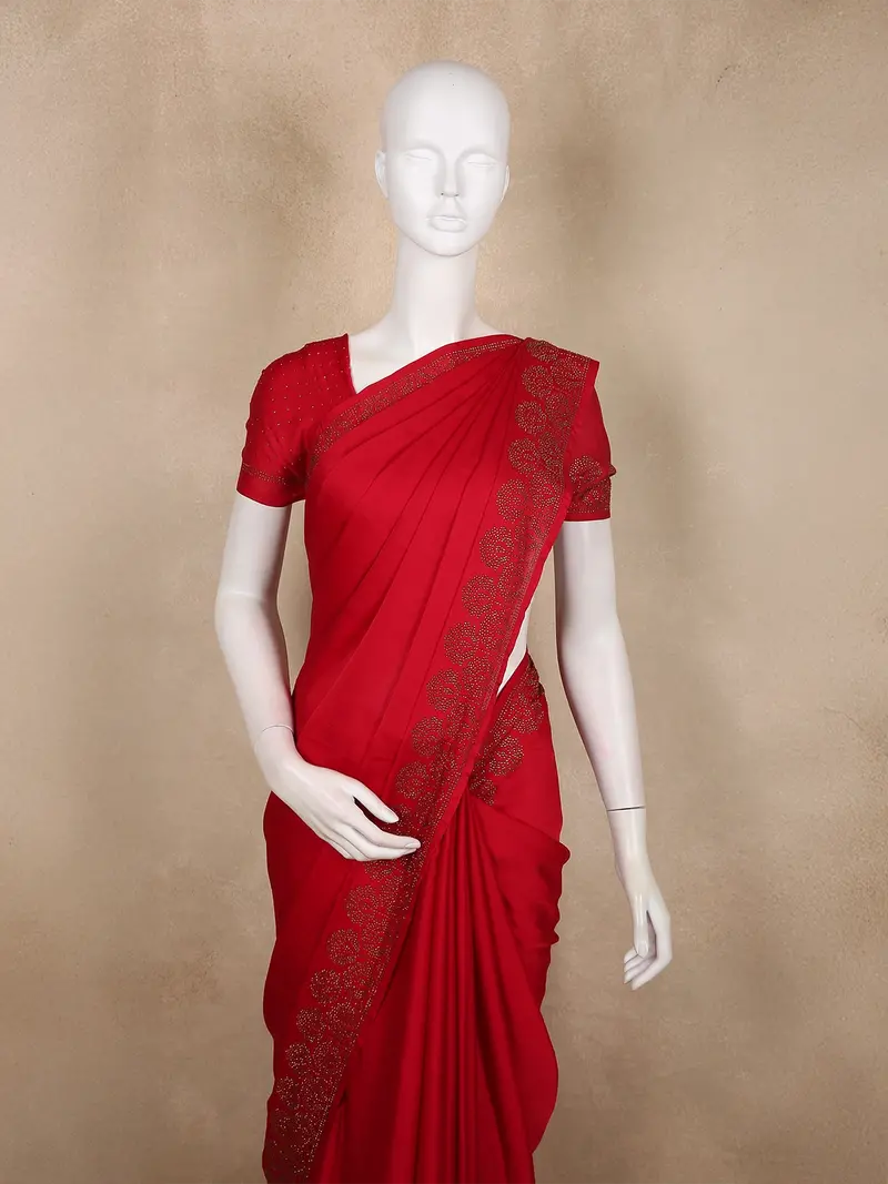 Rich Crimson Red Stone Embellished Design Satin Designer Saree With Designer Border 2