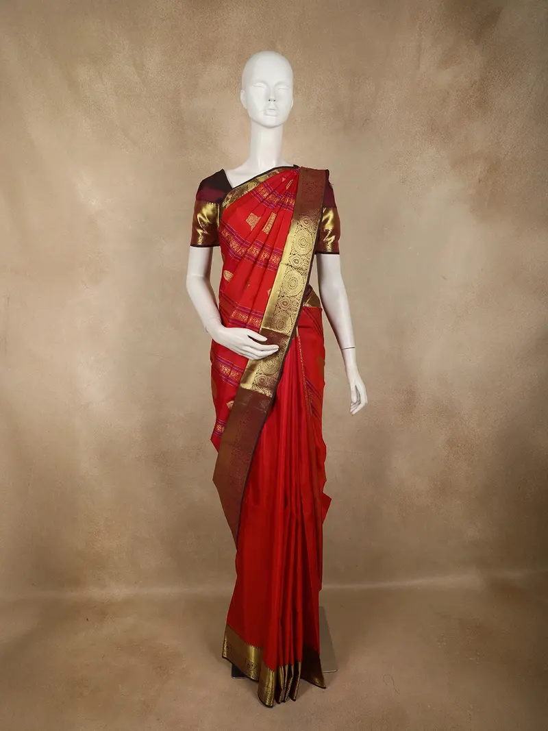 Rich Crimson Red Striped And Butta  Zari Woven Design Pure Kanchipuram Silk Saree With Contrast Zari Border 1