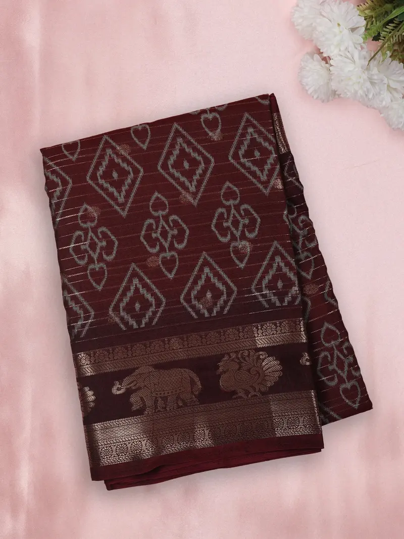 Rich Deep Maroon Geometric Ikat-Inspired Design Crepe Saree With Ornamental Zari Woven Border 1