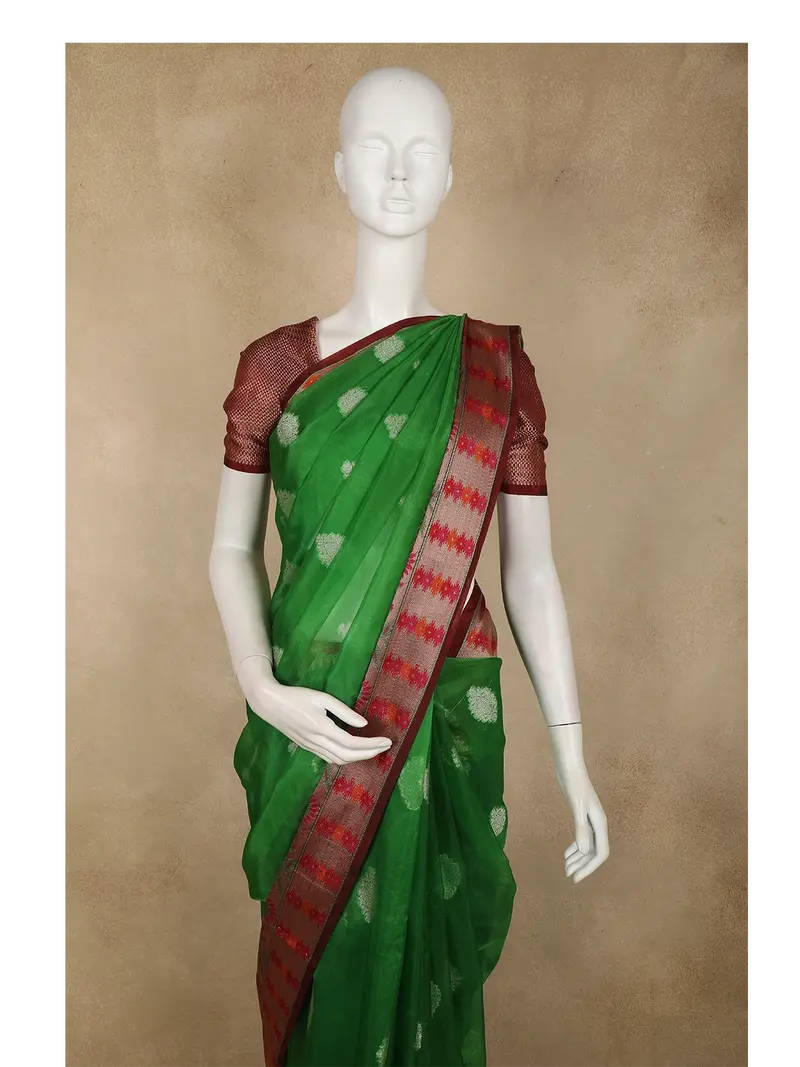 Rich Emerald Green Floral Butta Woven Design Tissue Silk Fancy Saree With Contrast Border 2