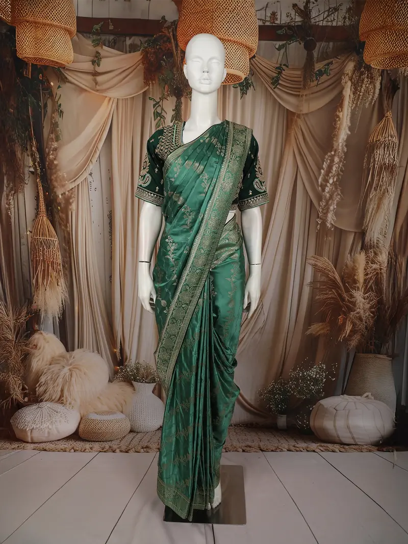 Rich Emerald Green Floral Vine Zari Woven Design Semi Banarasi Silk Saree With Designer Blouse 1