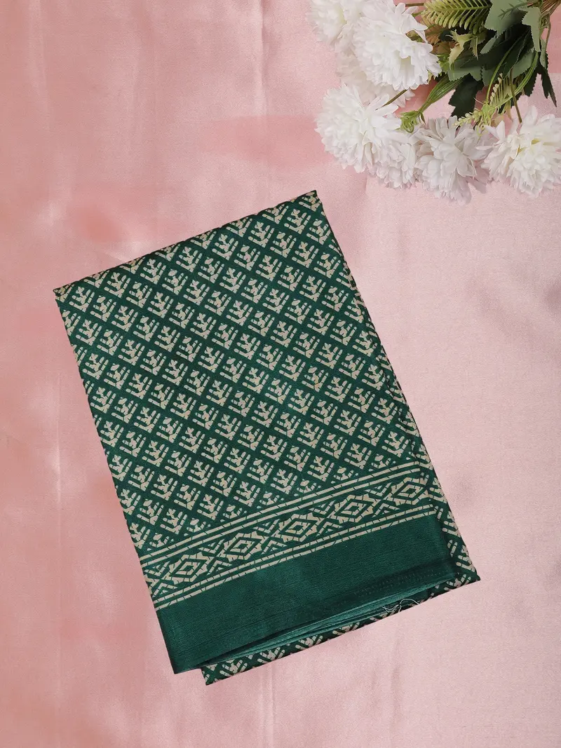 Rich Emerald Green Geometric Printed Design Mixed Silk Cotton Fancy Saree 1