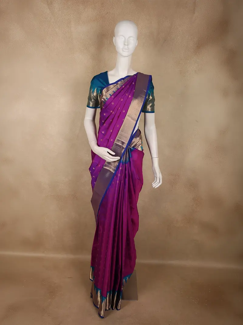 Rich Magenta Purple Butta Zari Woven Design Pure Kanchipuram Silk Saree With Contrast Zari Border 1