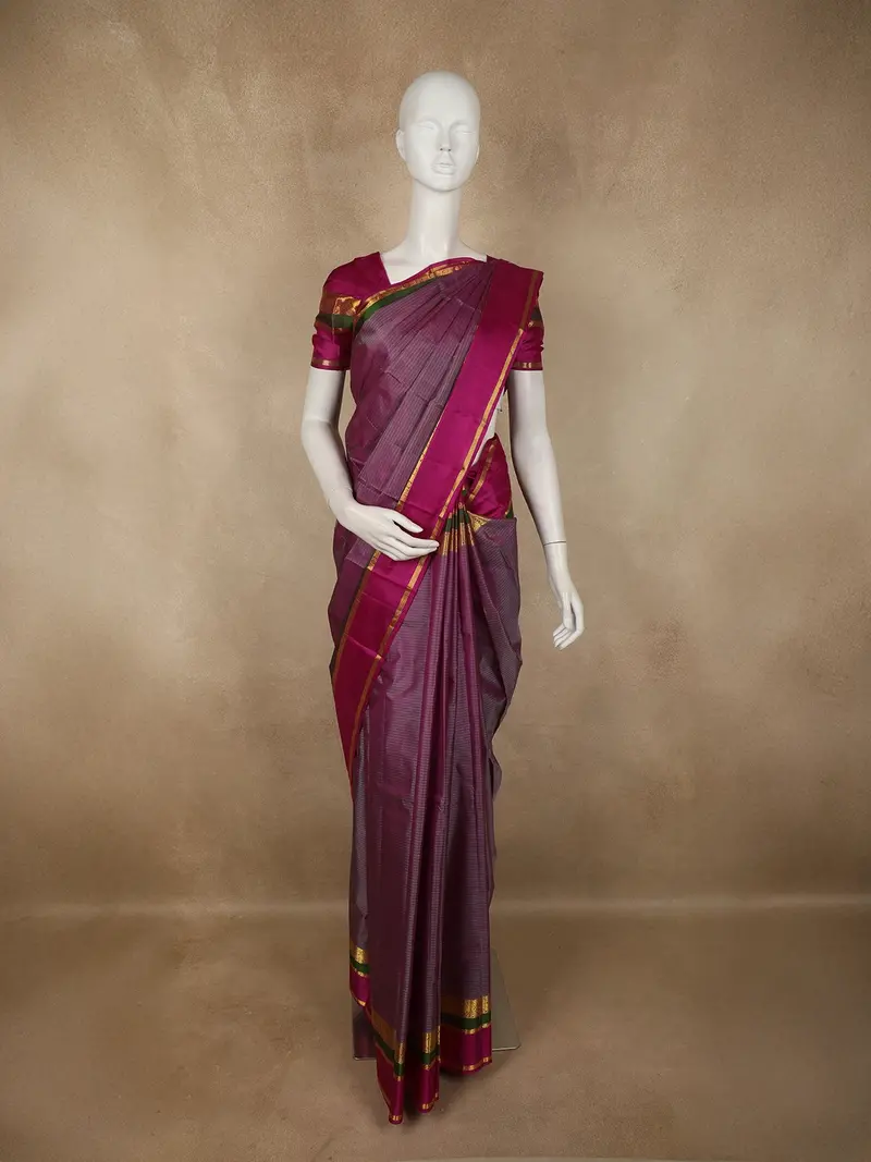 Rich Magenta Wine Striped Woven Design Kanchipuram Silk Saree With Peacock Zari Border 1