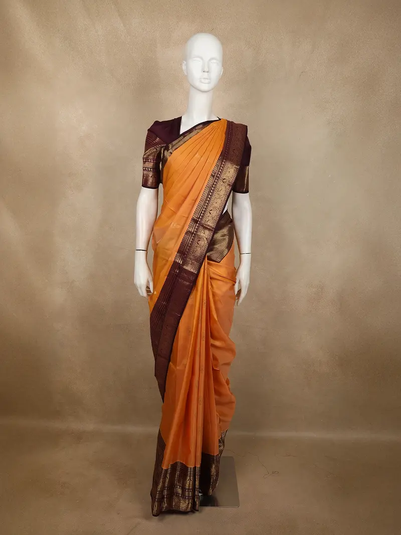 Rich Marigold Mustard Yellow Butta Zari Woven Design Pure Kanchipuram Silk Saree With Contrast Maroon Zari Border 1