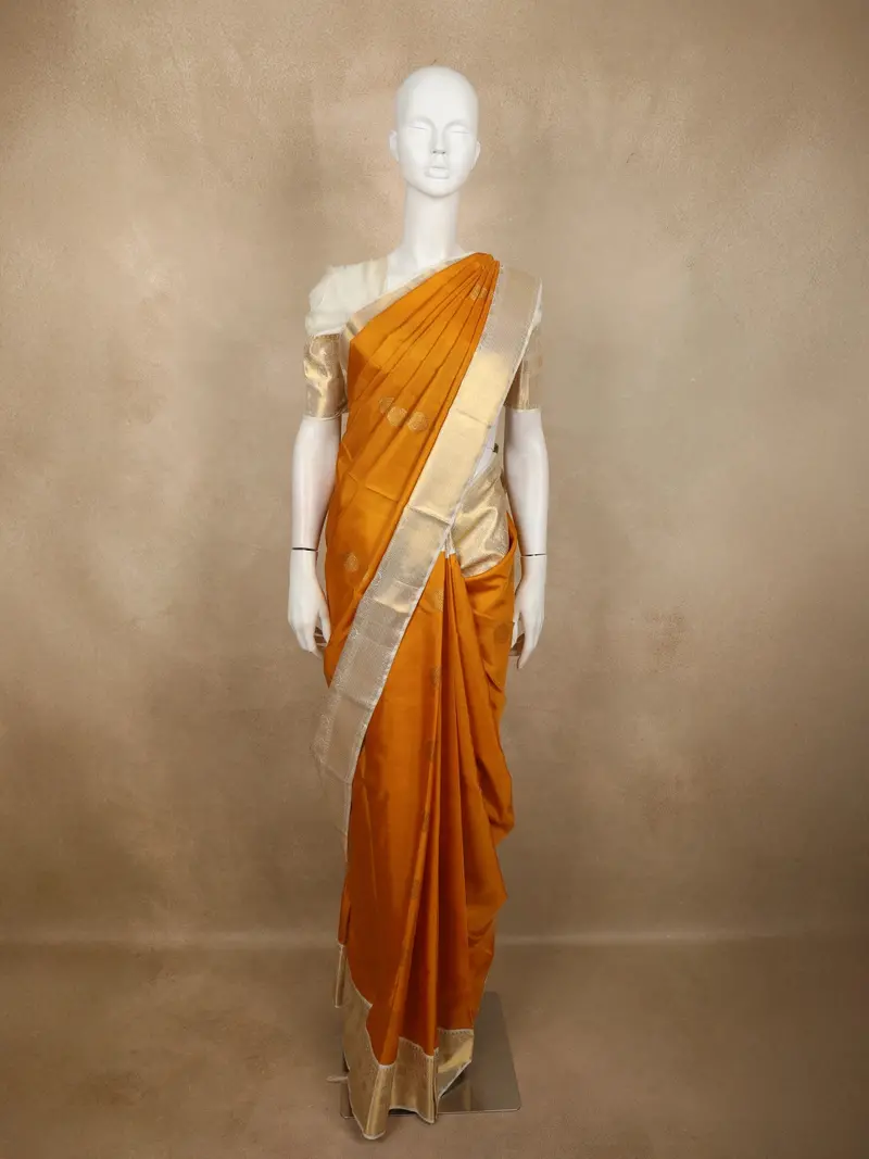 Rich Marigold Mustard Yellow Peacock Butta Zari Woven Design Pure Kanchipuram Silk Saree With Contrast Ivory Zari Border 1