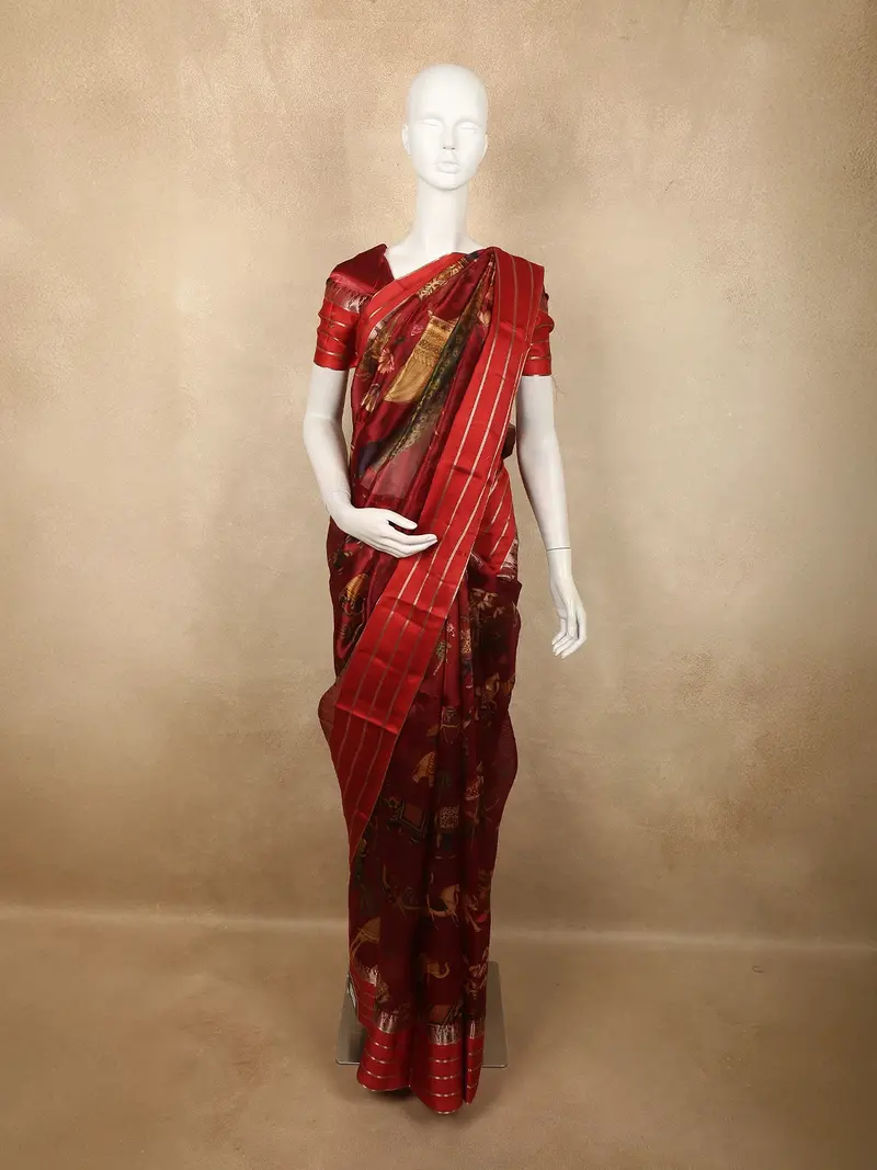 Rich Maroon Animal Motif Printed Design Organza Saree With Solid Border 1
