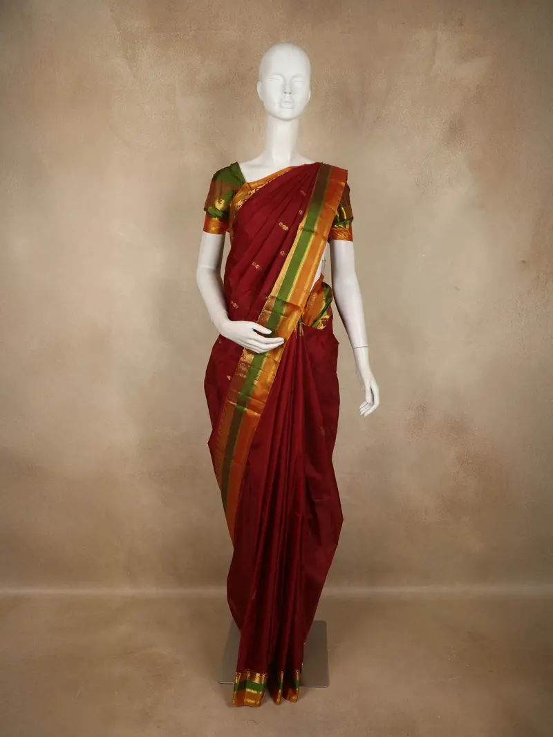 Rich Maroon Butta Woven Design Kanchipuram Silk Saree With Contrast Zari Border 1