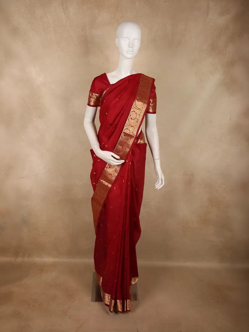 Rich Maroon Butta Zari Woven Design Pure Kanchipuram Silk Saree With Paisley Zari Border 1