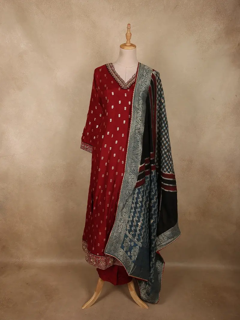 Rich Maroon Floral Butta Woven Design Banarasi Anarkali Salwar Suit With Contrast Dupatta 1