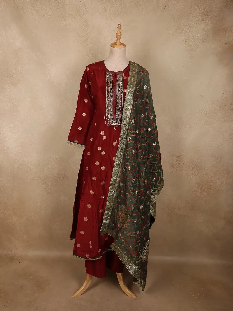 Rich Maroon Floral Zari Embroidered Design Banarasi Anarkali Salwar Suit With Contrast Dupatta 1
