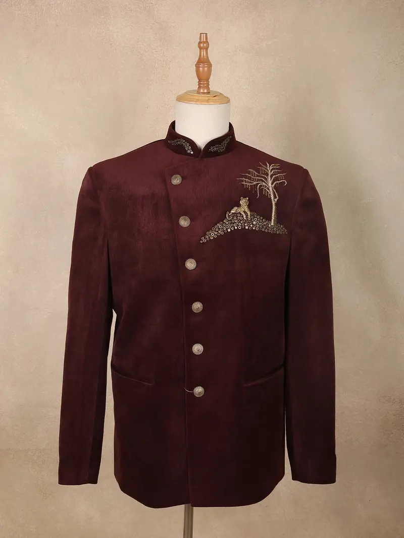 Rich Maroon Regal Tiger And Tree Embellished Design Velvet Men's Suit 1