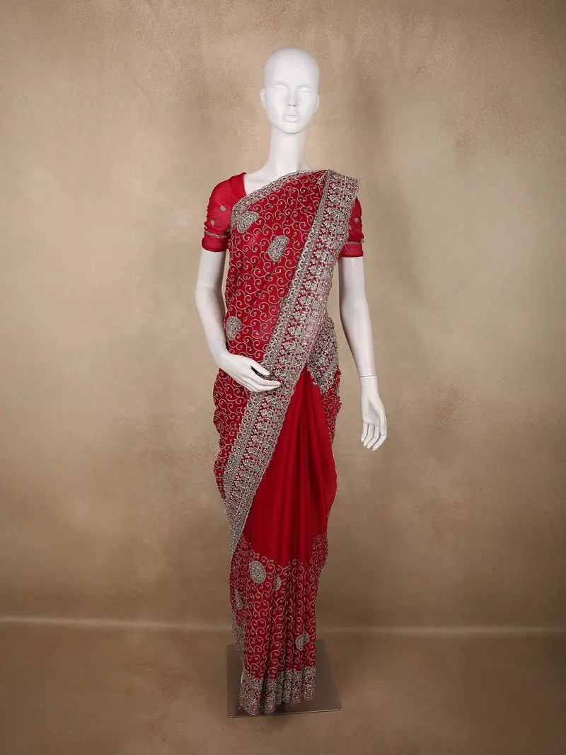 Rich Maroon Swirl Zari Embroidered Design Georgette Fancy Saree With Designer Border 1