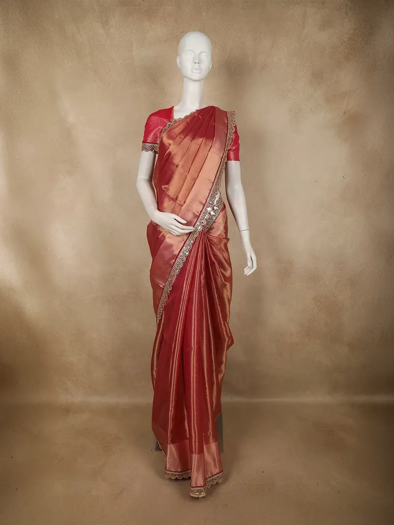 Rich Maroon Zari Woven Design Tissue Silk Saree With Designer Border 1