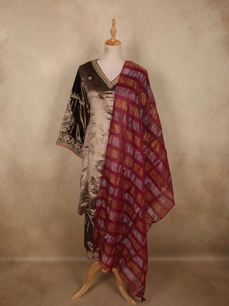 Rich Mocha Brown Paisley Zari Embroidered Design Velvet Salwar Suit With Contrast Dupatta 1