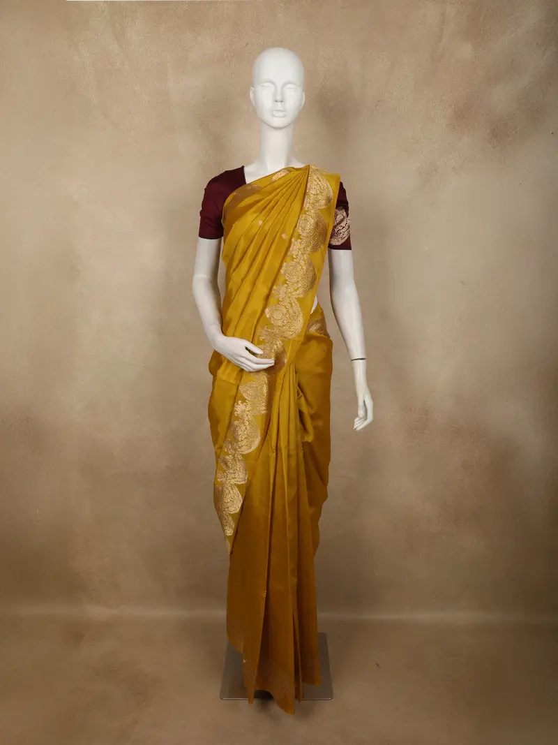 Rich Mustard Gold Butta Zari Woven Design Pure Banarasi Saree With Ornamental Zari Border 1