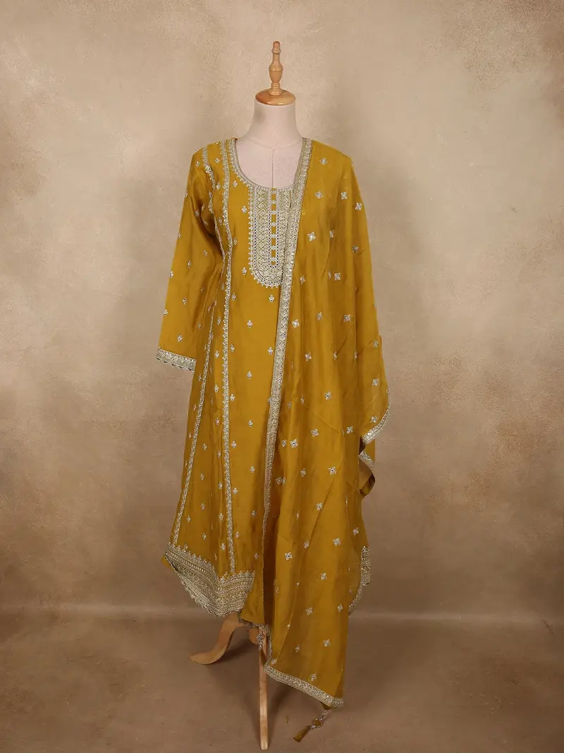 Rich Mustard Marigold Yellow Floral Embroidered Design Semi Silk Anarkali Salwar Suit 1