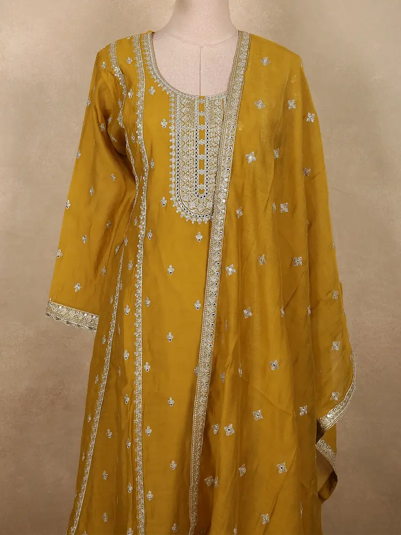 Rich Mustard Marigold Yellow Floral Embroidered Design Semi Silk Anarkali Salwar Suit 2