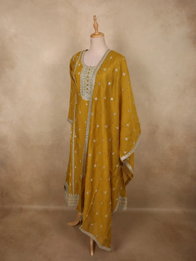 Rich Mustard Marigold Yellow Floral Embroidered Design Semi Silk Anarkali Salwar Suit 3
