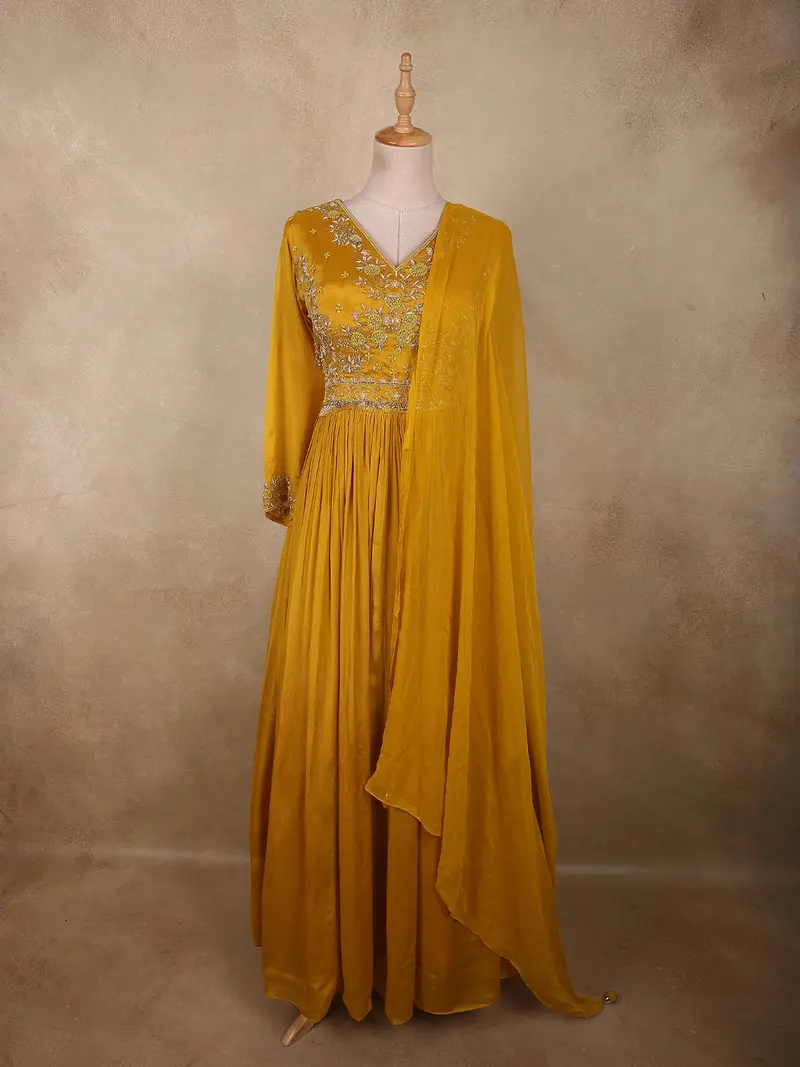 Rich Mustard Marigold Yellow Floral Sequins And Beads Embroidered Design Georgette Gown With Dupatta 1
