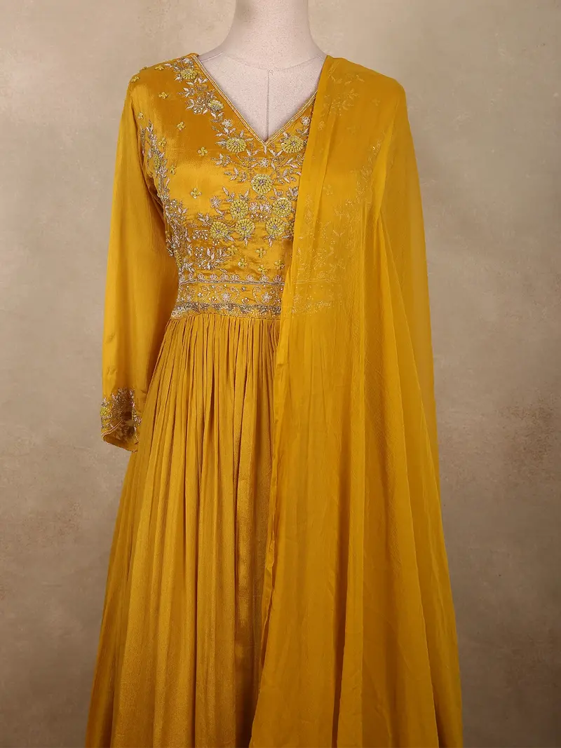 Rich Mustard Marigold Yellow Floral Sequins And Beads Embroidered Design Georgette Gown With Dupatta 2