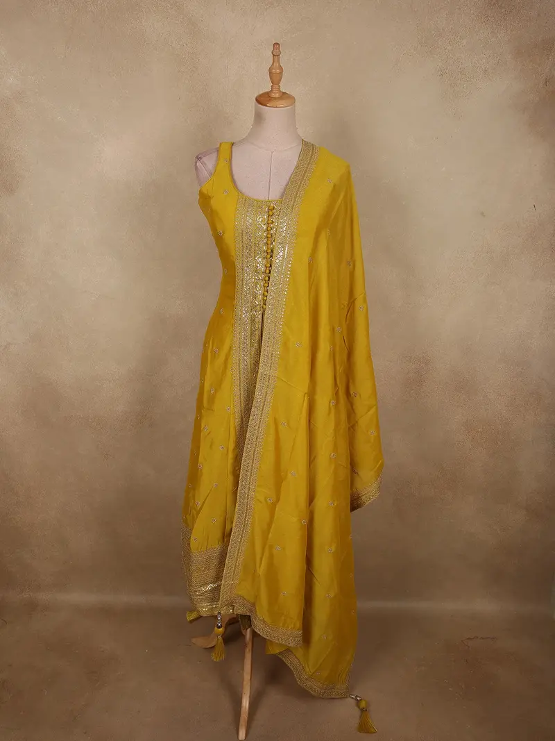 Rich Mustard Marigold Yellow Floral Sequins Embroidered Design Georgette Salwar Suit With Dupatta 1