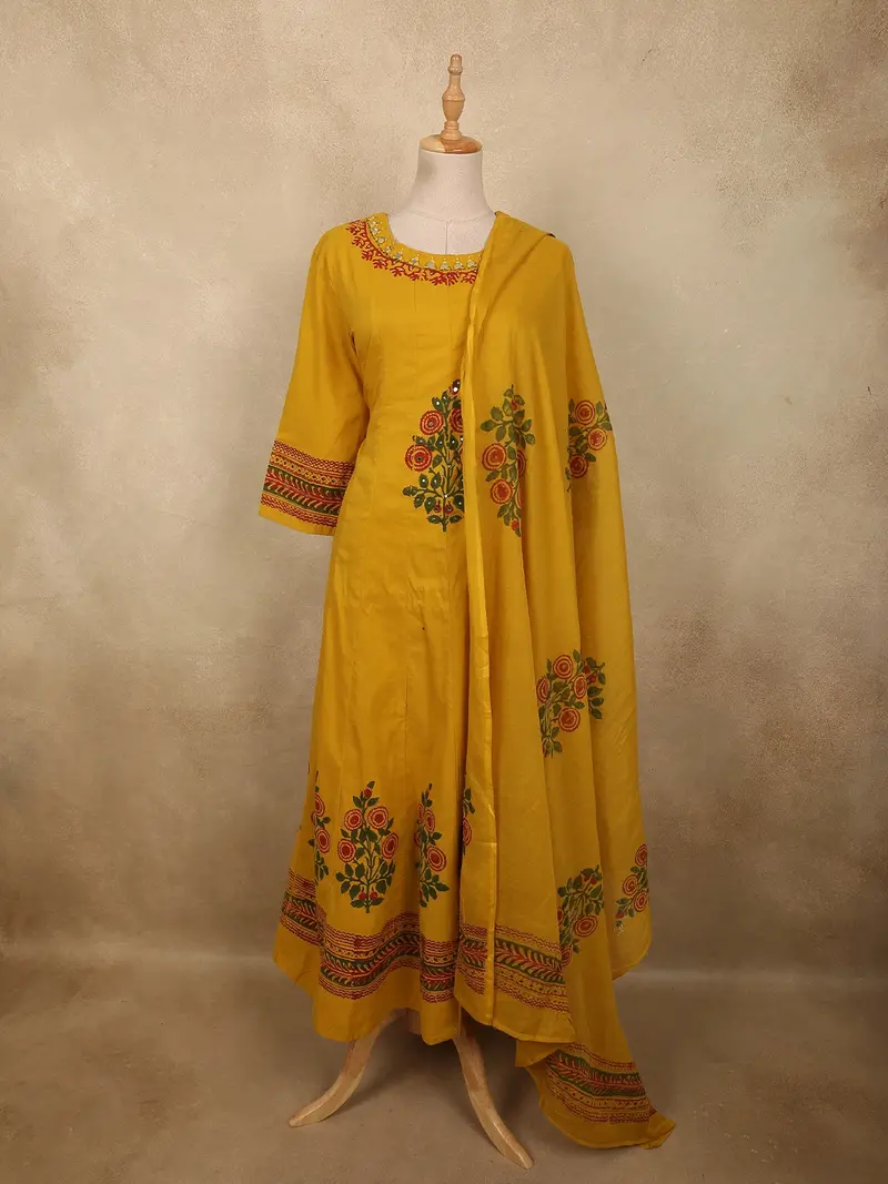 Rich Mustard Marigold Yellow Floral Thread Embroidered Design Cotton Palazzo Suit 1
